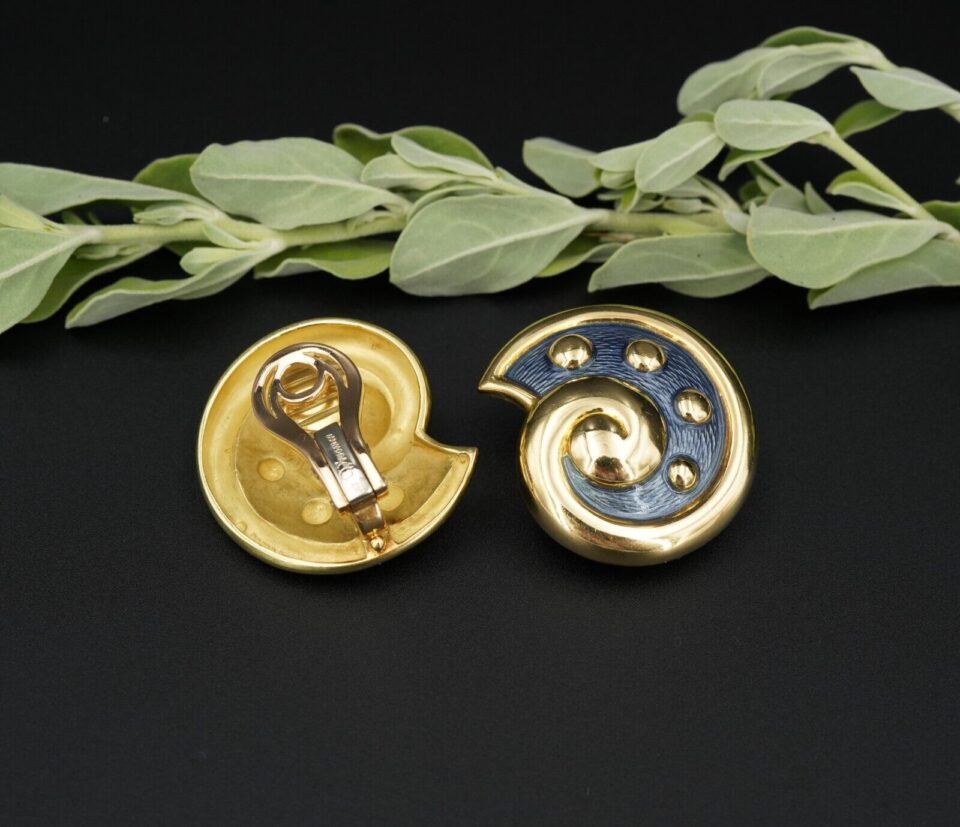 Leo De Vroomen Enamel Earrings 18k Gold Ear Clips Shell 1.1", view 3