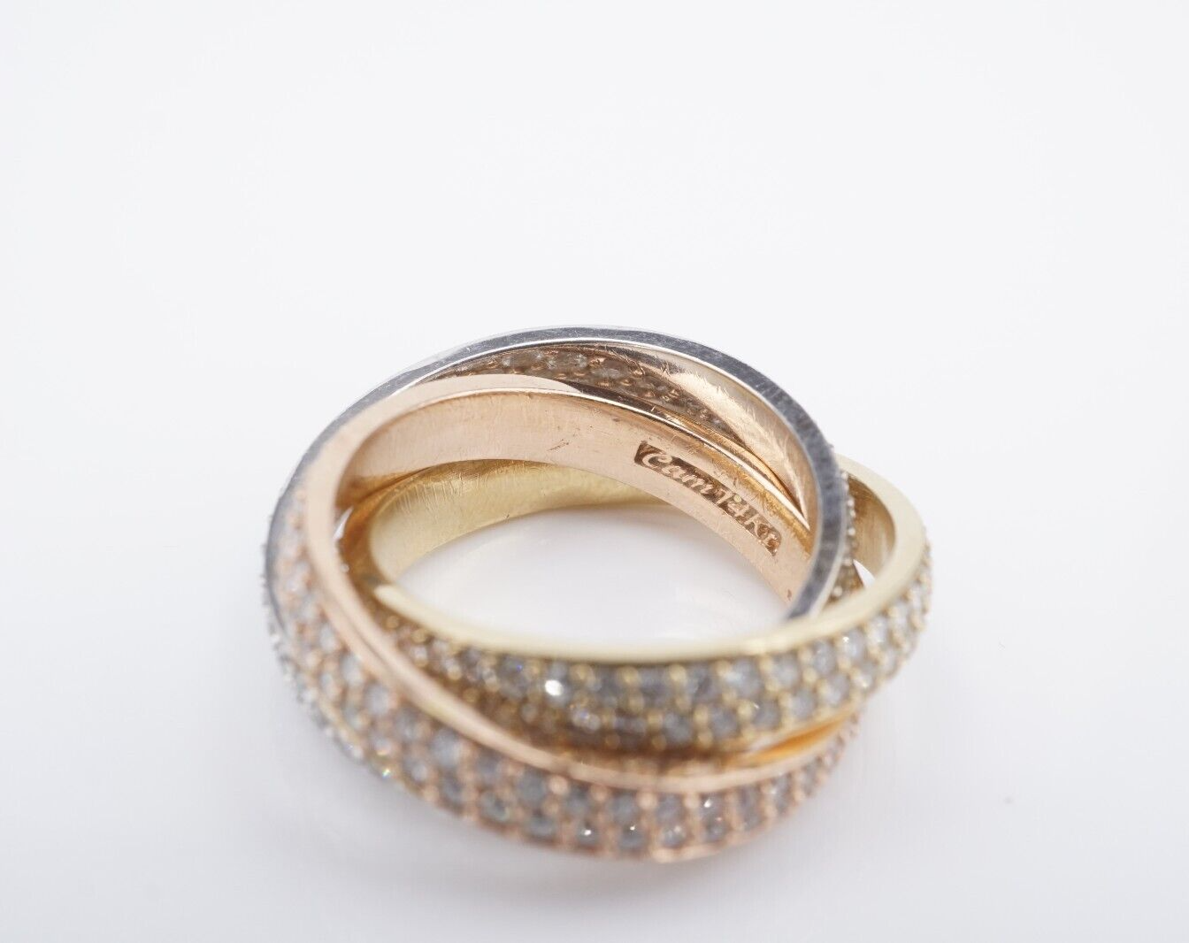 Tricolor Pave Diamond Eternity 3 Band Rolling Ring Gold Sz 8 4mm 3ct, view 3