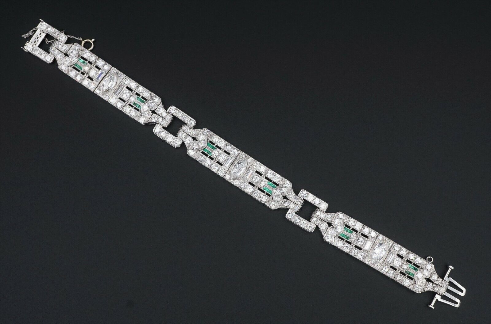 Antique Art Deco Diamond Bracelet Platinum 14 carat Emerald 7.25", view 7