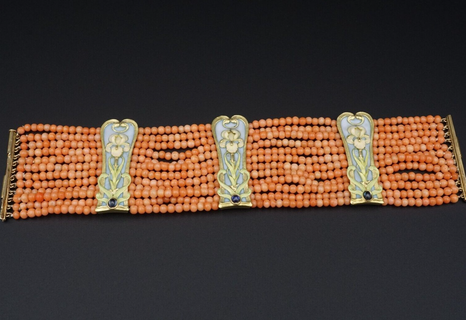 Art Nouveau Plique a Jour Sapphire Station Bracelet Coral 18k Enamel Rare, view 5