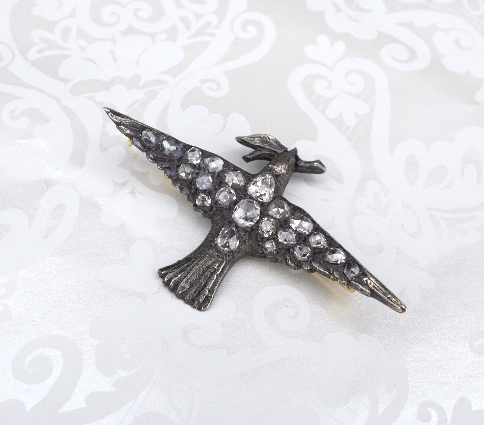 Antique Silver 18k Mid Victorian Pave Rose Cut Diamond Dove Bird Brooch, view 1