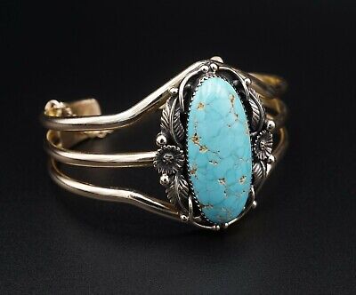 Navajo Emil Benally Vintage 14k Yellow Gold Turquoise Cuff Bracelet 6.25", view 2