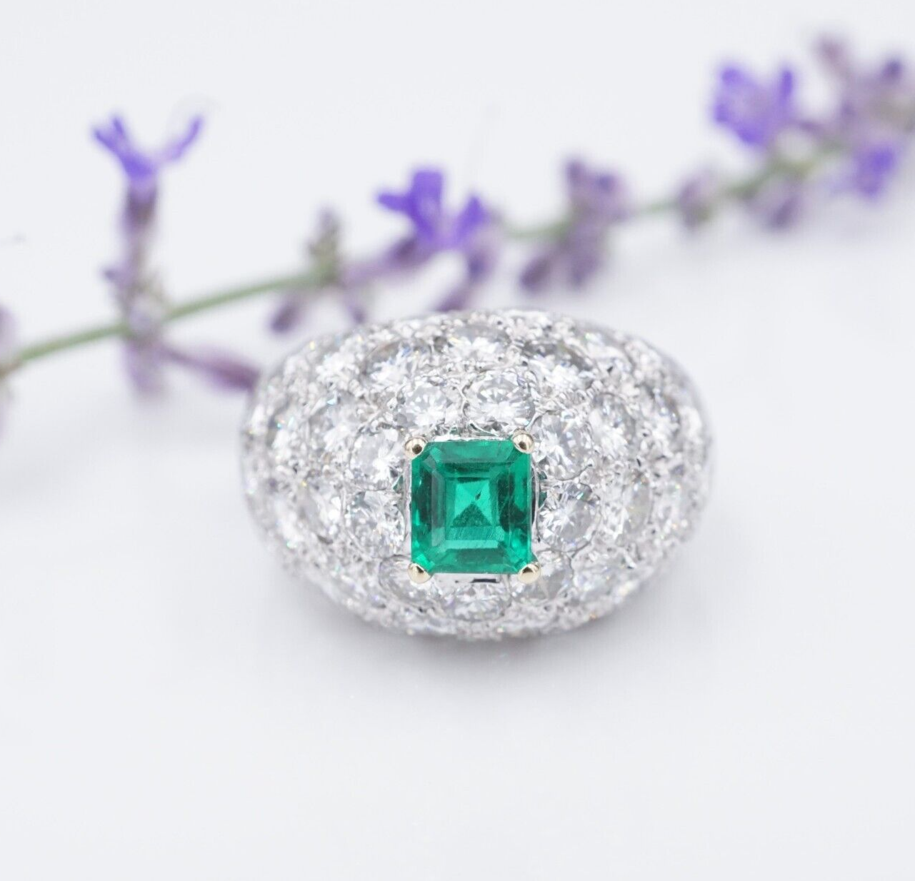 18k Pave Diamond Emerald Dome Ring White Gold 4ctw Sz 7 French Statement, view 10