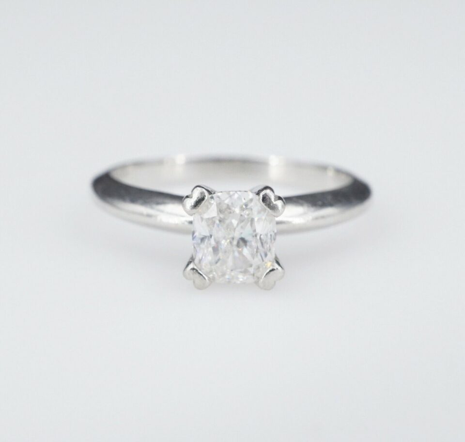 Platinum Solitaire 2/3 carat Cushion Cut Diamond Engagement Ring Size 6.5, view 2