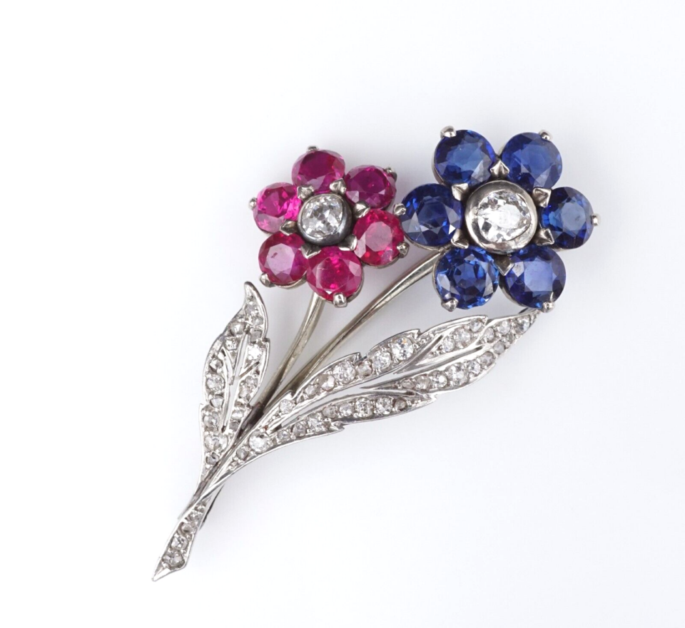 Antique Platinum Gold 5ct Sapphire Ruby Diamond Floral Pin Brooch 1.9", view 3
