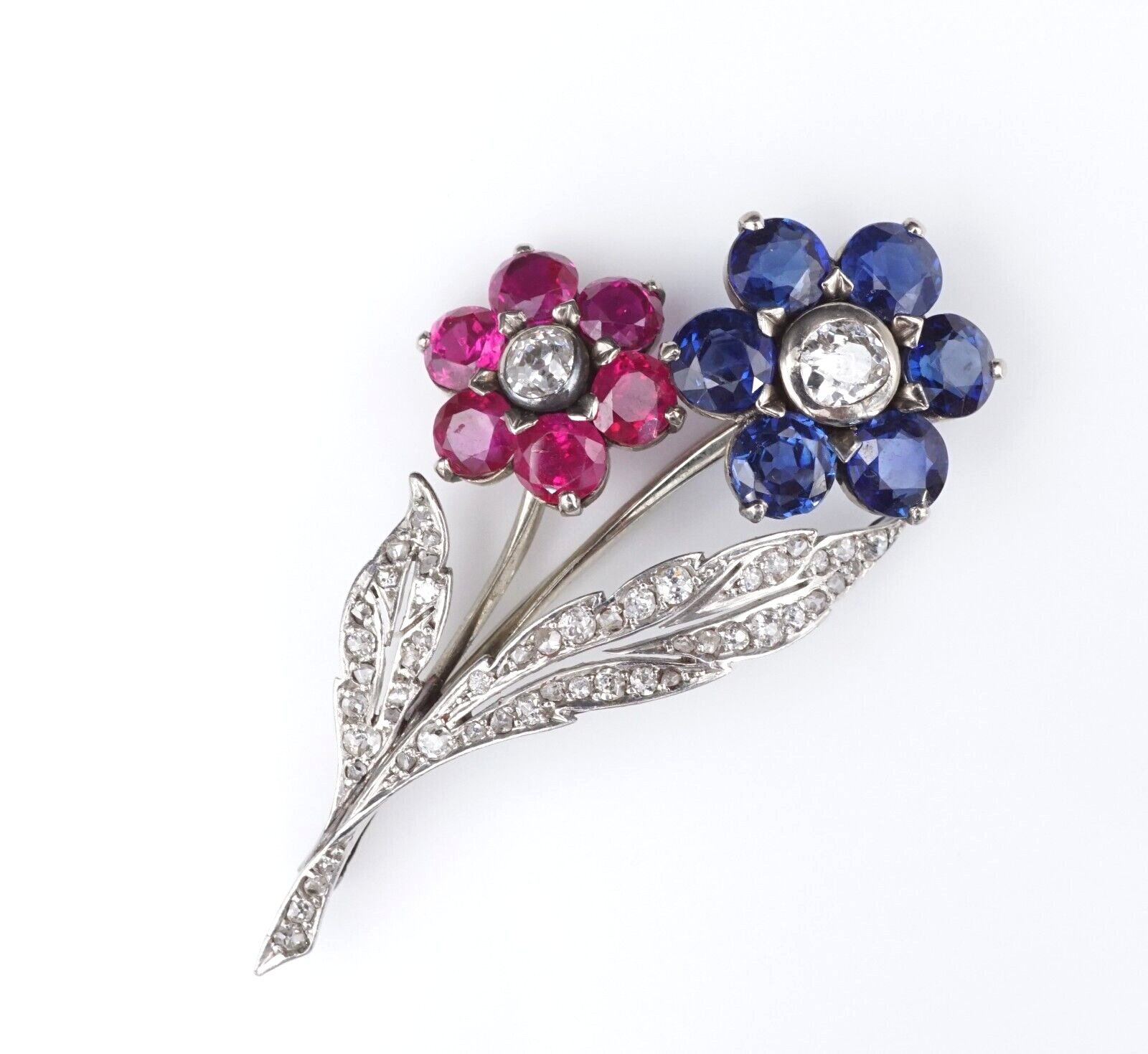 Antique Platinum Gold 5ct Sapphire Ruby Diamond Floral Pin Brooch 1.9", view 3