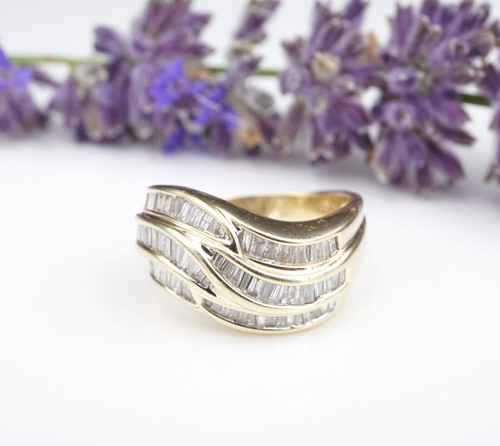 Vintage 14k Gold 3ctw Baguette Diamond Crossover Ring Size 8 IGRB, view 1