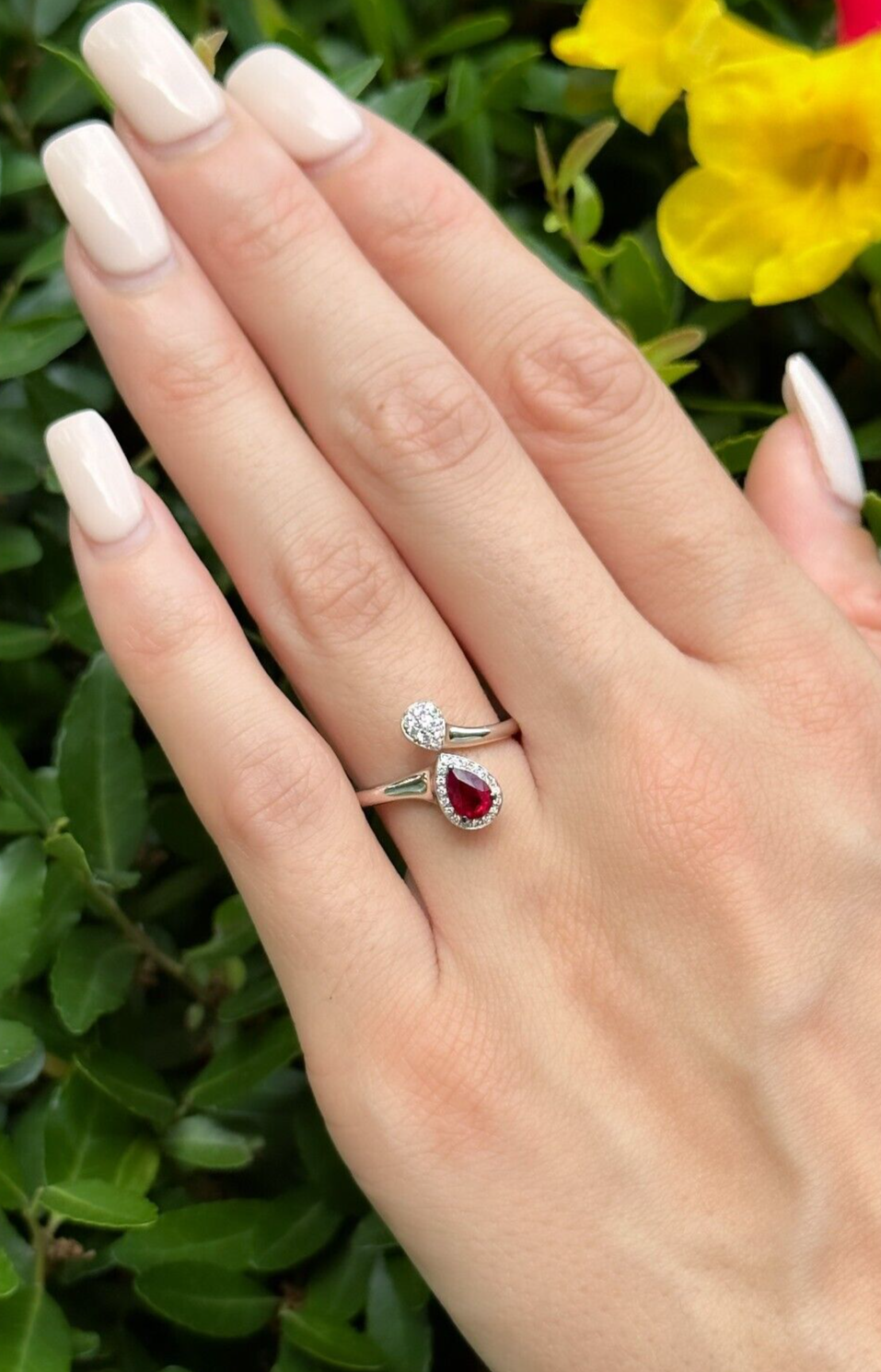 Giorgio Visconti 18K Ring Diamond Ruby White Gold Bypass Moi et Toi Sz 6, view 2