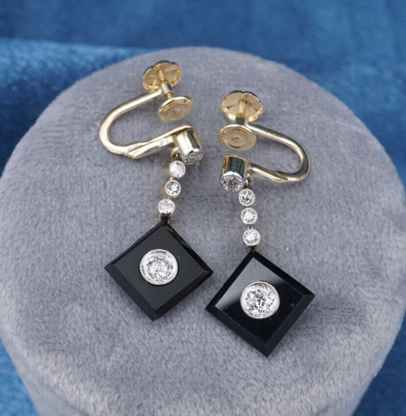 Antique 18k Diamond Onyx Dangle Earrings White & Yellow Gold Victorian 1.1", view 3