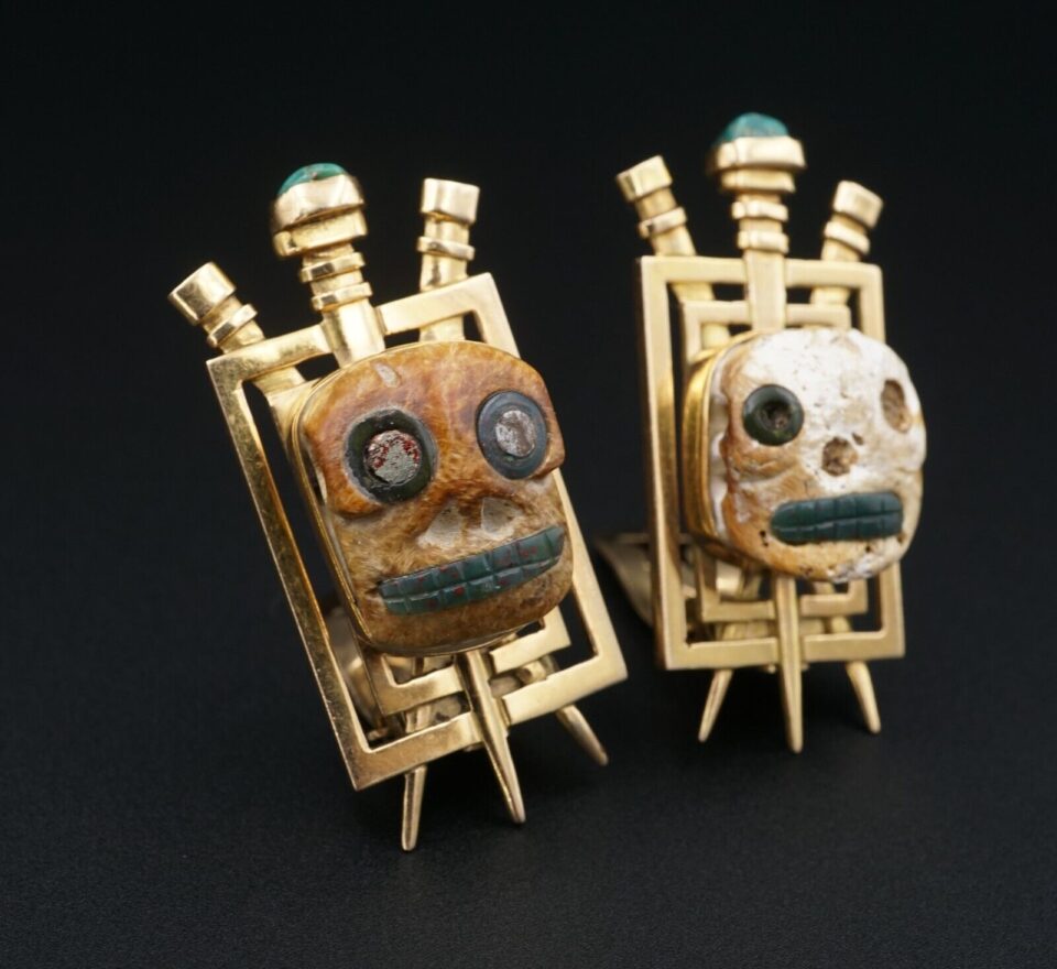 Artist Graziella Laffi 18k Gold Abstract Modernist Skull Earrings Peru, view 2