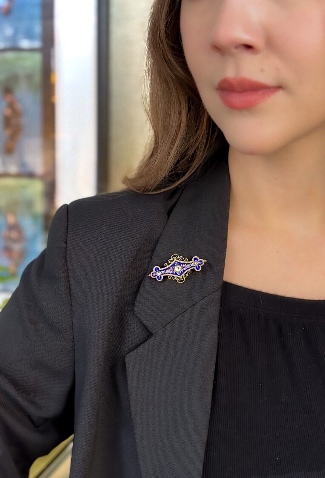 Antique 18k Yellow Gold Rose Cut Diamond Blue Enamel Pin Brooch 1.8", view 5