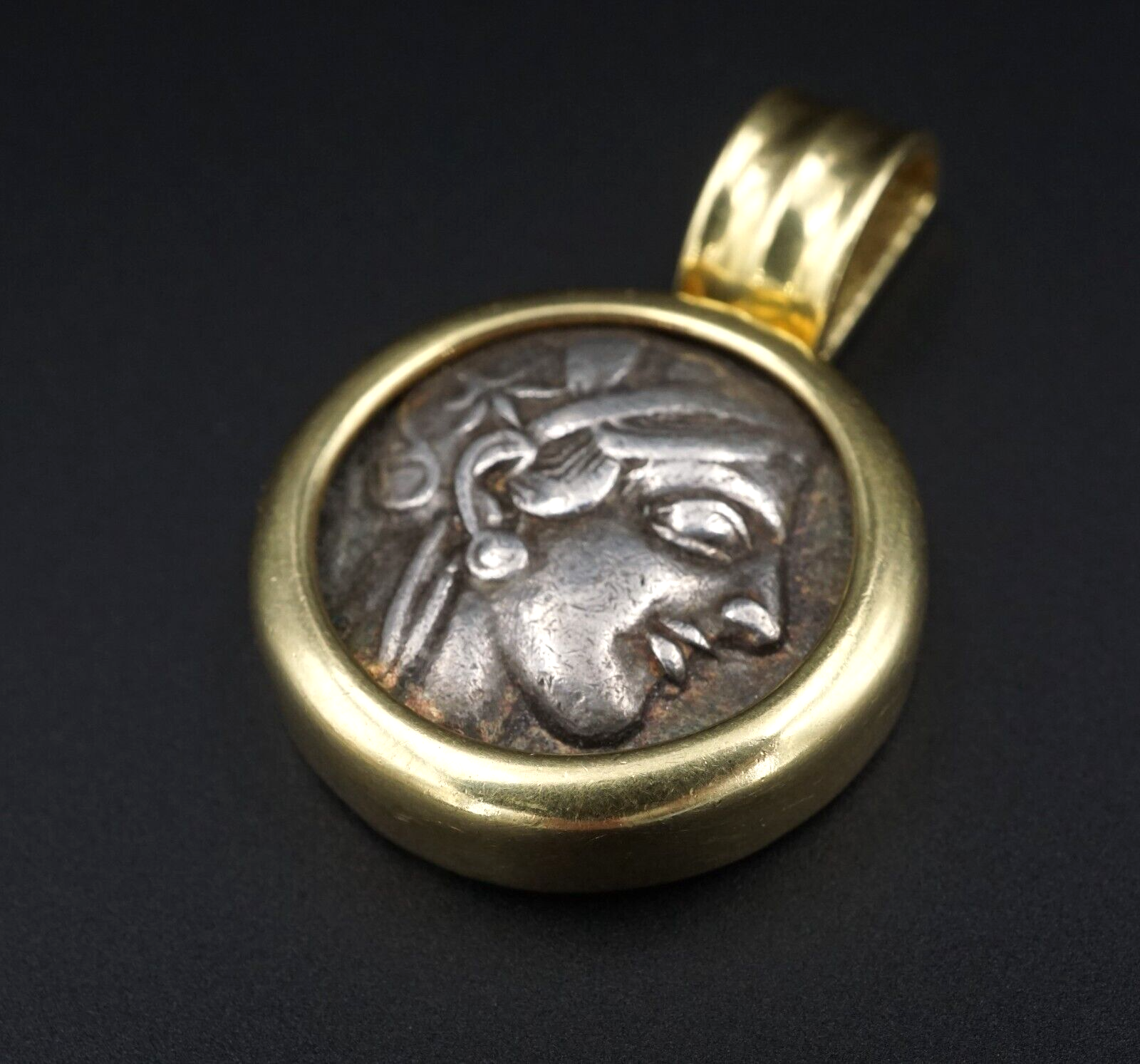 18k Gold Pendant Ancient Silver Coin Attica Tetradrachm Athena Owl 440BC, view 1