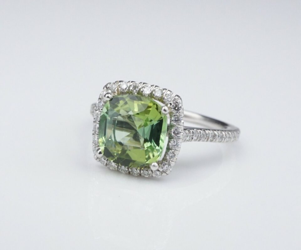 Natural Green Tourmaline Diamond Halo Ring Platinum 3 carat Size 5.75 RG3236