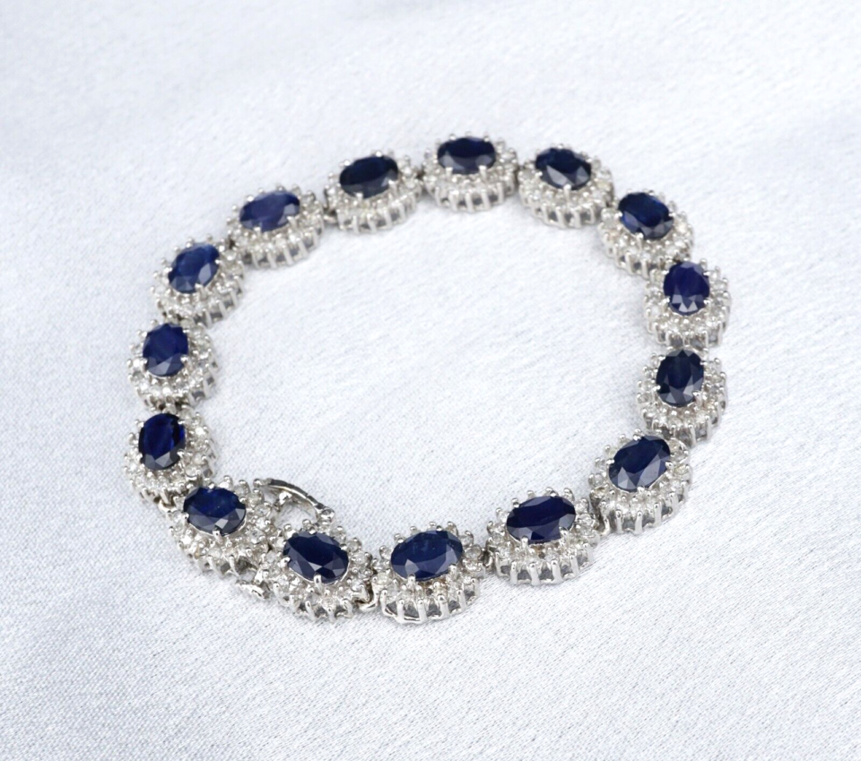 14k White Gold 16cttw Natural Sapphire Diamond Halo Tennis Bracelet 7.25", view 3