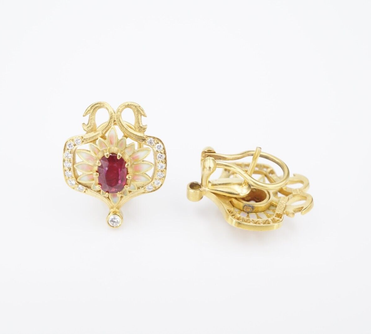 Masriera 18k Gold Earrings Natural Ruby Diamond Enamel Plique a Jour, view 4