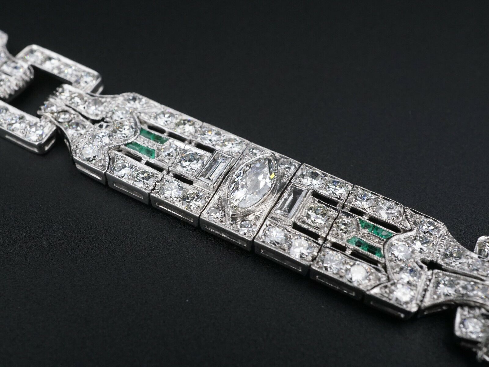 Antique Art Deco Diamond Bracelet Platinum 14 carat Emerald 7.25", view 3