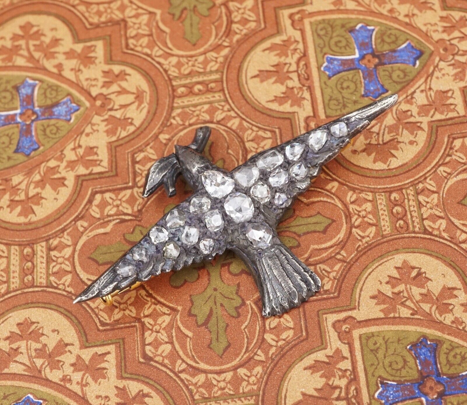 Antique Silver 18k Mid Victorian Pave Rose Cut Diamond Dove Bird Brooch, view 3