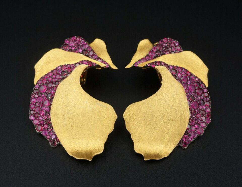 Ruby Statement Earrings Anuj Shah 18k Yellow Gold Pave Petal 1.75" 4ct EG1897