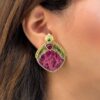 Watermelon Tourmaline Clip Earrings Artisan 18k Yellow Gold 1.8" shown worn