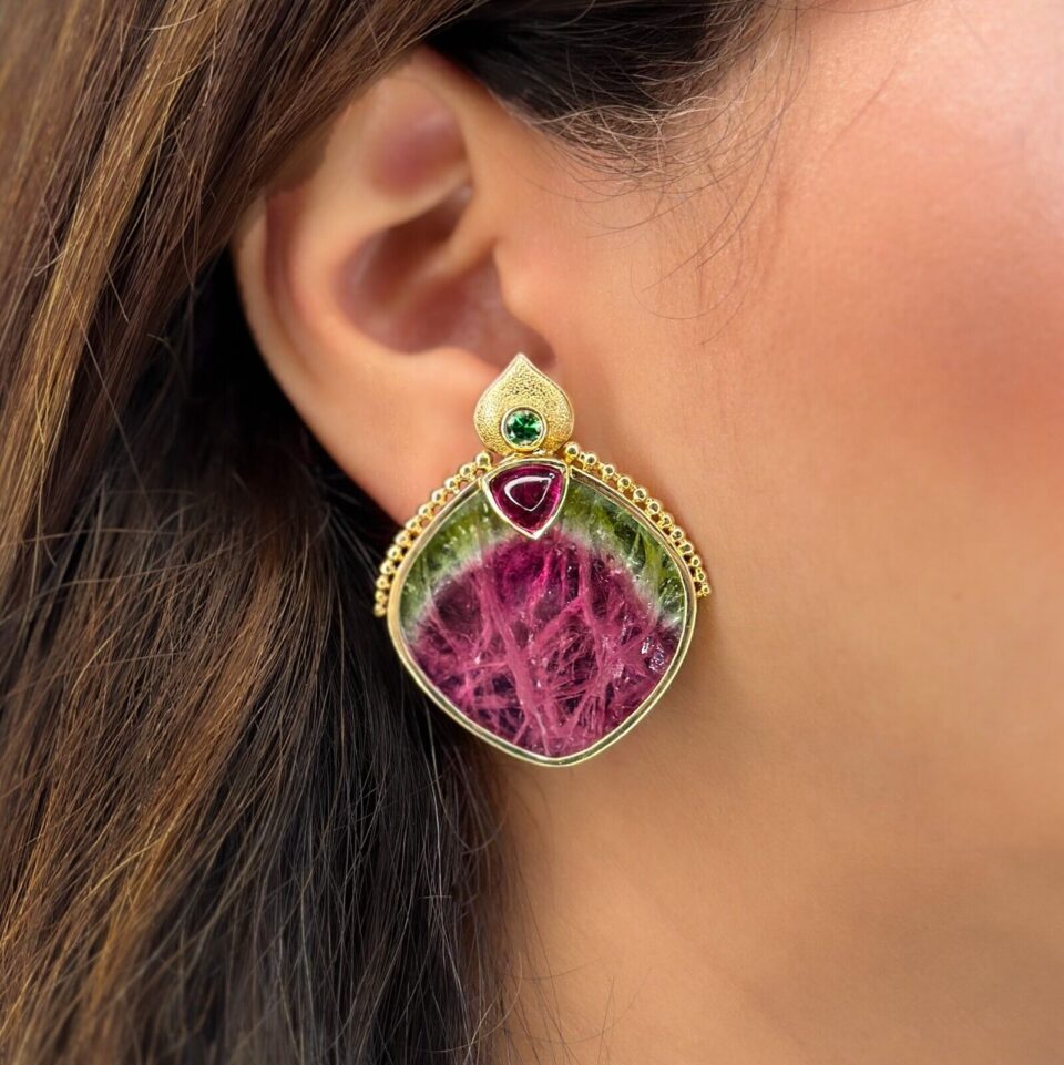 Watermelon Tourmaline Clip Earrings Artisan 18k Yellow Gold 1.8" shown worn