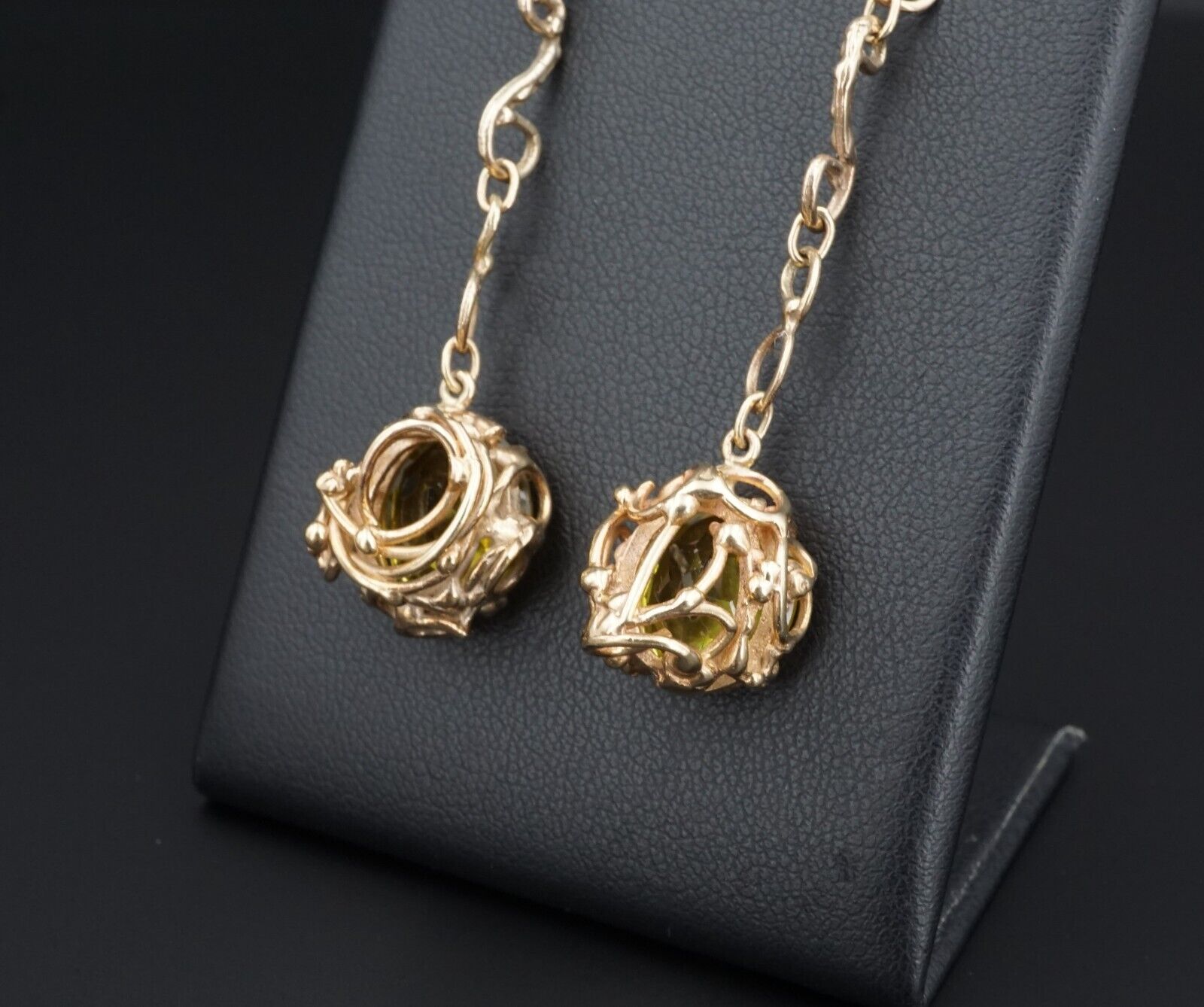Prototype Jean Mahie 9k Yellow Gold Green Spinel Drop Hook Earrings 2.5", view 7