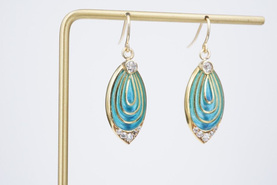 Antique Diamond Enamel Plique a Jour 18k Gold Dangle Drop Earrings 1.5", view 2
