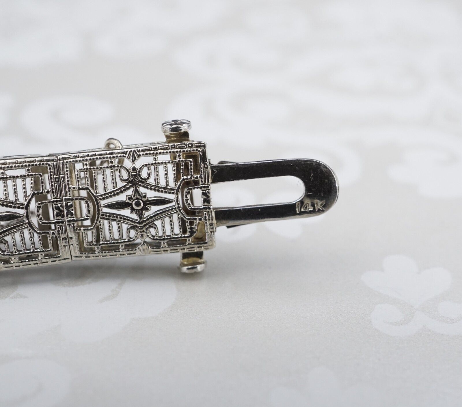 Classic Antique Art Deco 14k Gold 1ct Three Diamond Filigree Bracelet 6.5", view 7
