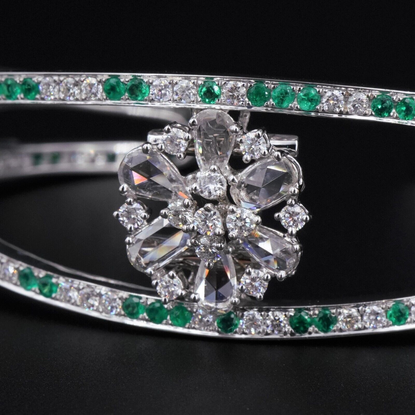 18k White Gold 4.5 carat Diamond Emerald Kick Cuff Bracelet 6.25", view 1