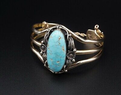 Navajo Emil Benally Vintage 14k Yellow Gold Turquoise Cuff Bracelet 6.25", view 3