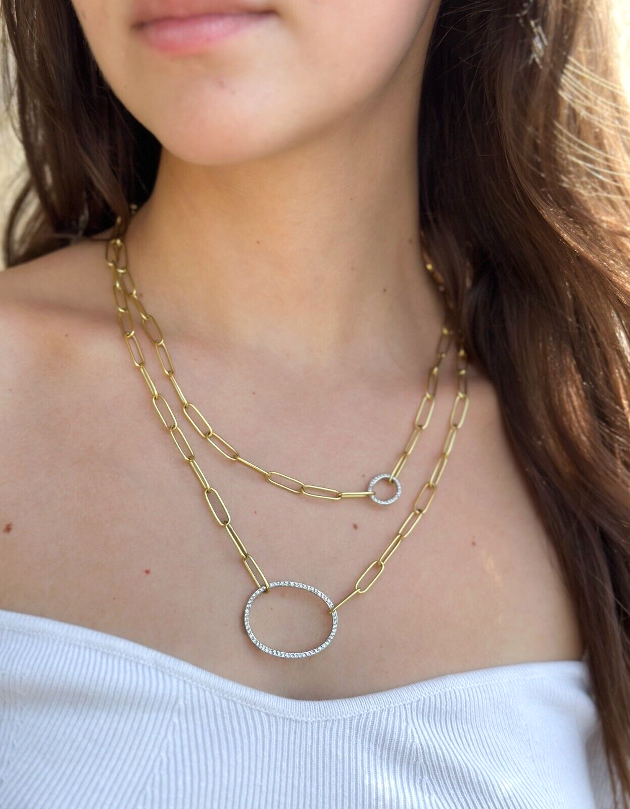 Ileana Makri 18k Gold Diamond Universe Oval Chain Necklace Paperclip 40" shown worn