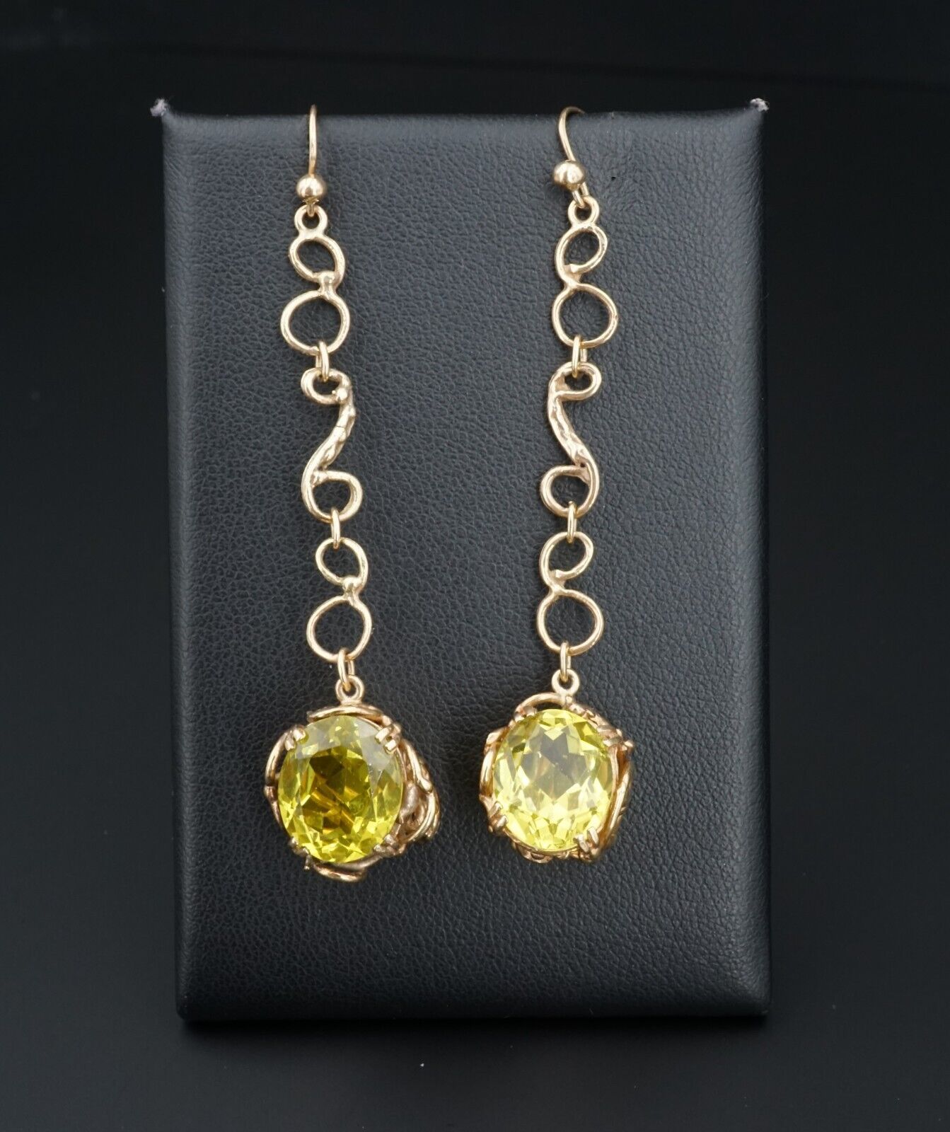 Prototype Jean Mahie 9k Yellow Gold Green Spinel Drop Hook Earrings 2.5", view 4