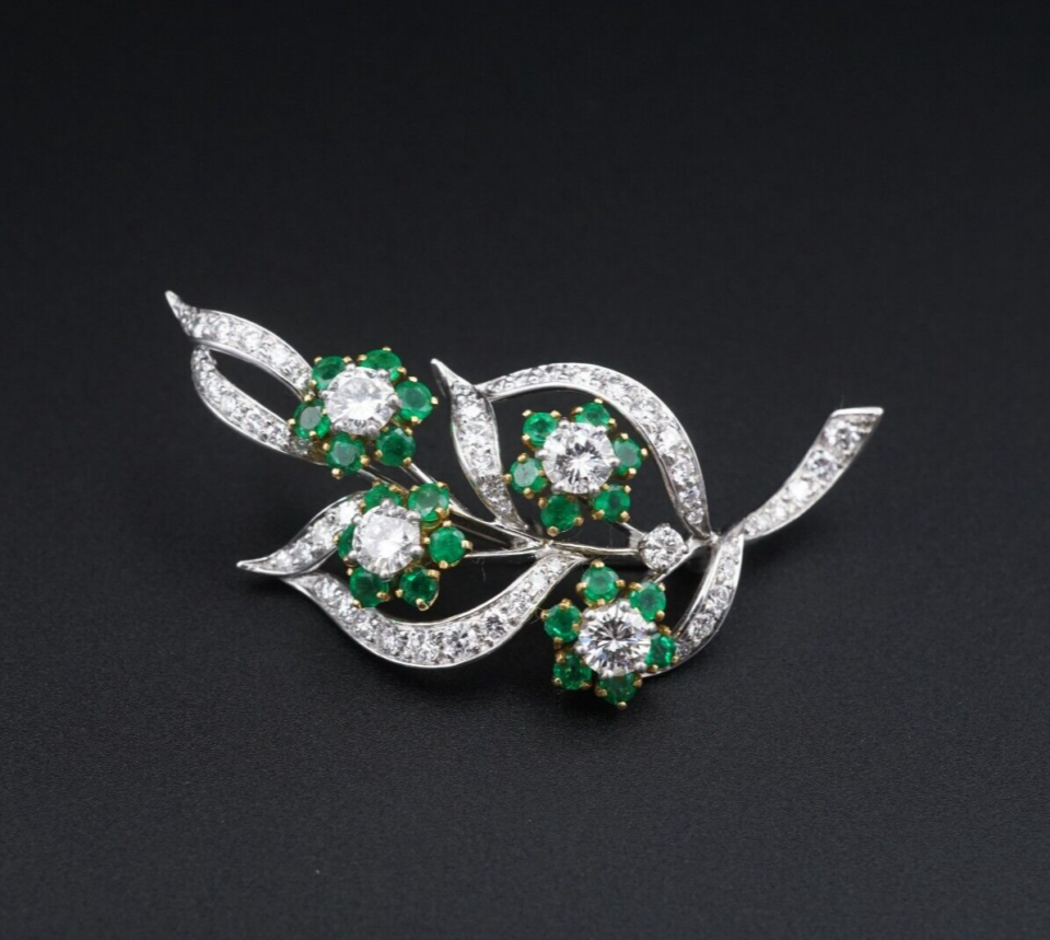 Vintage Platinum Emerald Diamond Brooch OG487