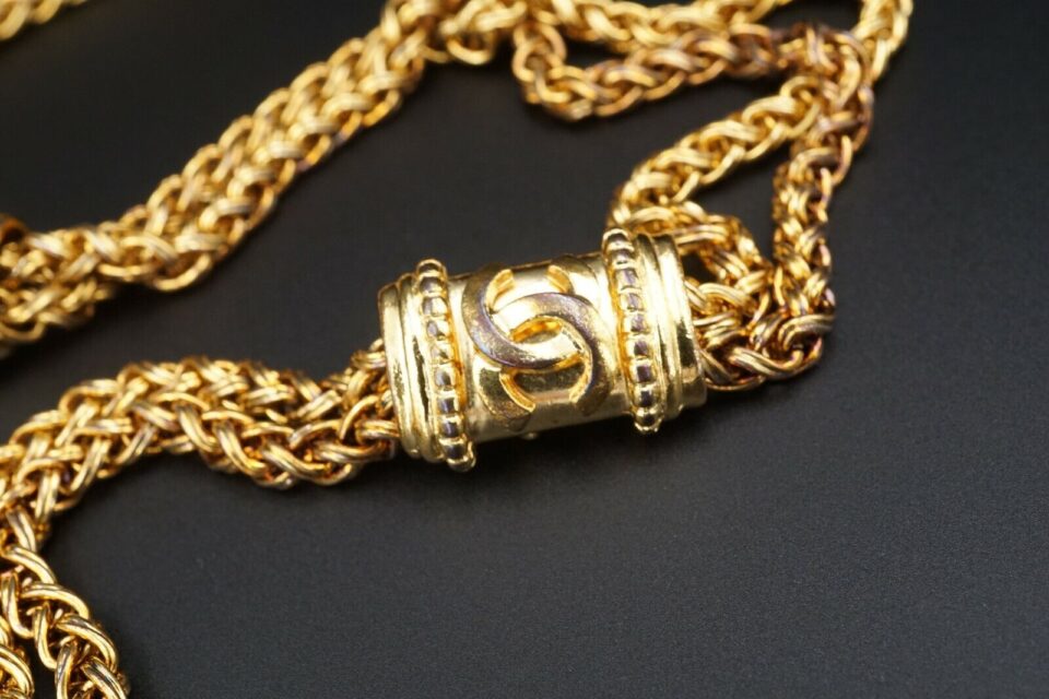 Vintage 1996 Chanel Gold Tone Double Wheat Chain Logo Necklace 42" France NS2423