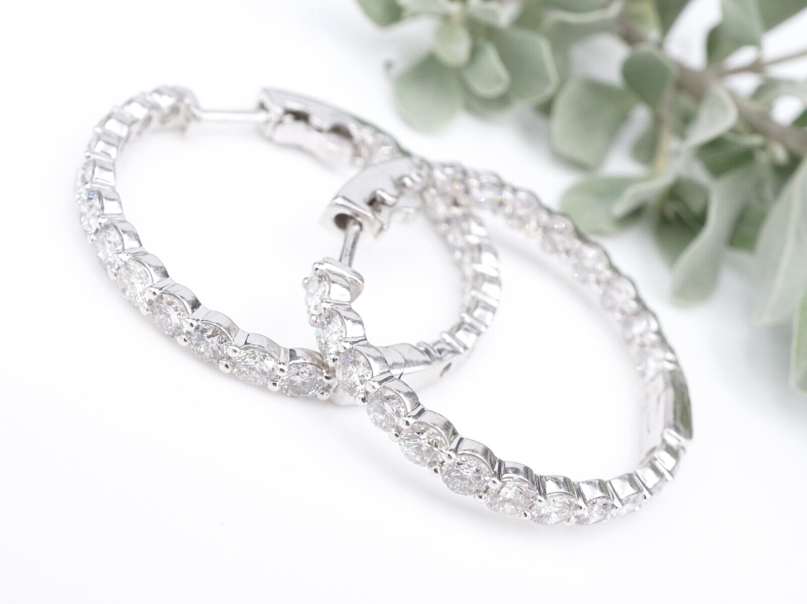 Diamond Inside Out Hoop Earrings 14k White Gold 6 carat Natural 1.3", view 1