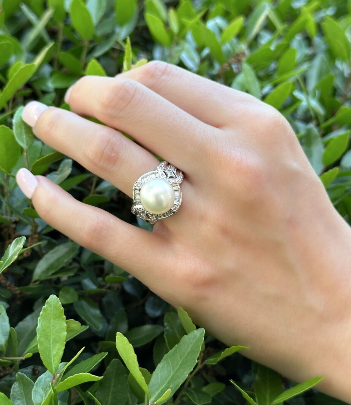 Vintage 18k Diamond Pearl Cocktail Ring Size 7.75 White Gold 11.5 mm shown worn