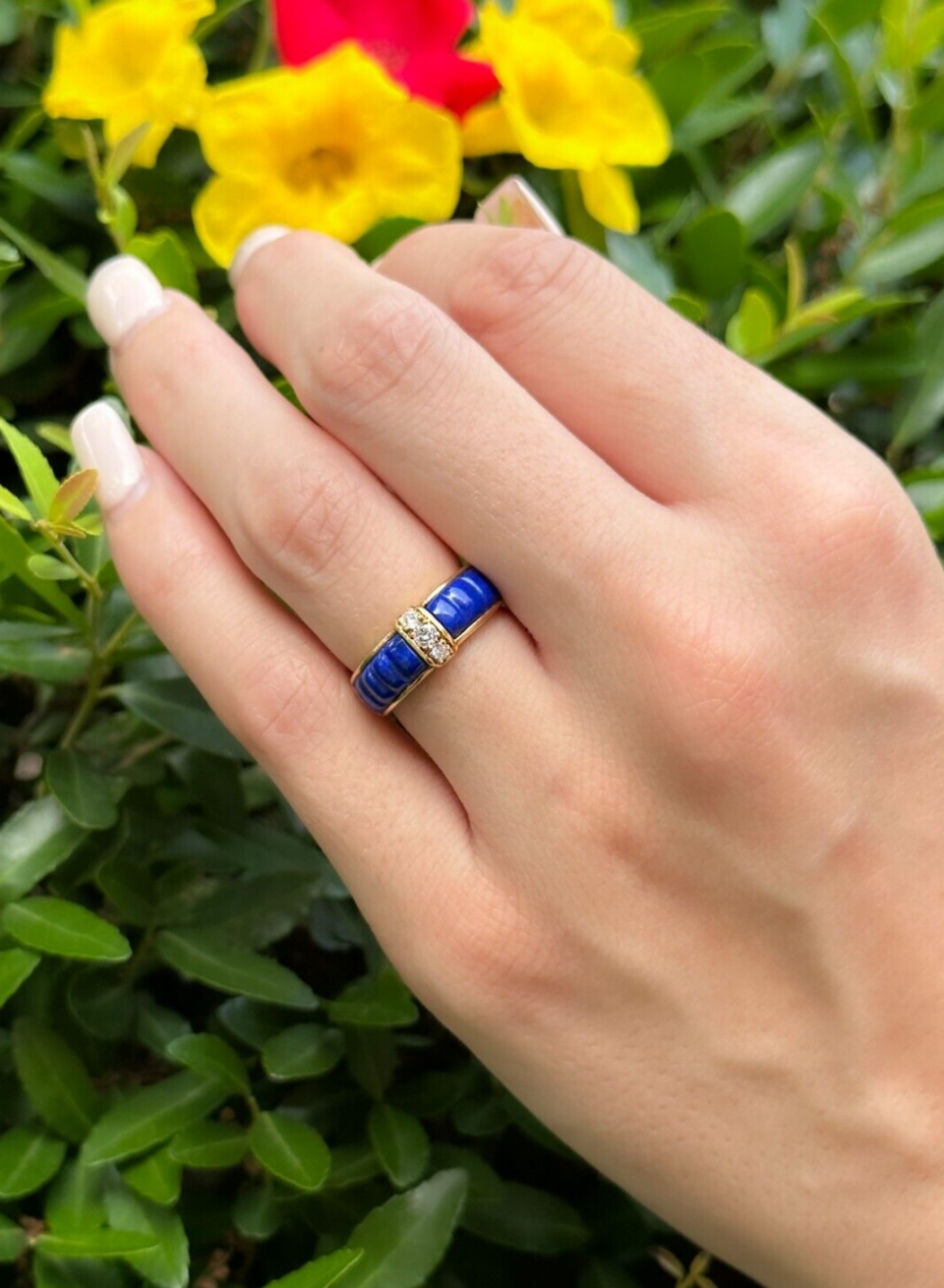 Van Cleef Arpels Ring Diamond Lapis Carved 18k Gold Sze 5.5 Yellow France, view 2