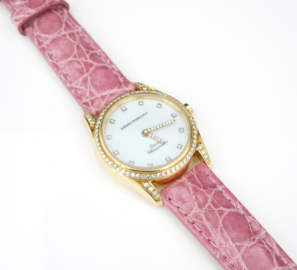 Girard-Perregaux 18k Yellow Gold Diamond Watch Pink Leather 29mm Ladies W835
