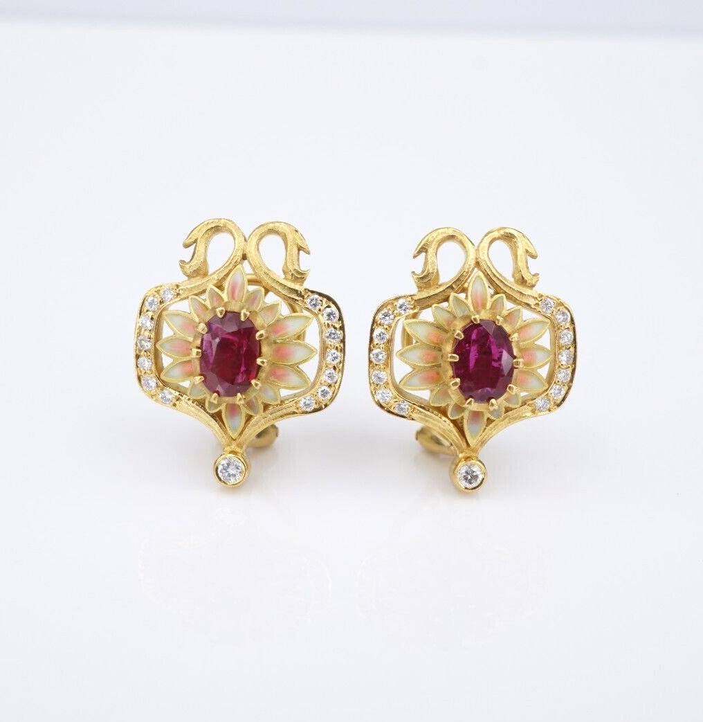 Masriera 18k Gold Earrings Natural Ruby Diamond Enamel Plique a Jour, view 3
