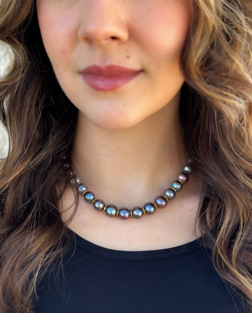 14k Tahitian Pearl Necklace Strand Yellow Gold 9-11mm 16" Choker shown worn