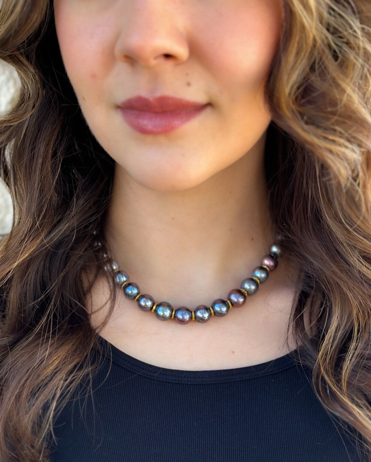 14k Tahitian Pearl Necklace Strand Yellow Gold 9-11mm 16" Choker shown worn