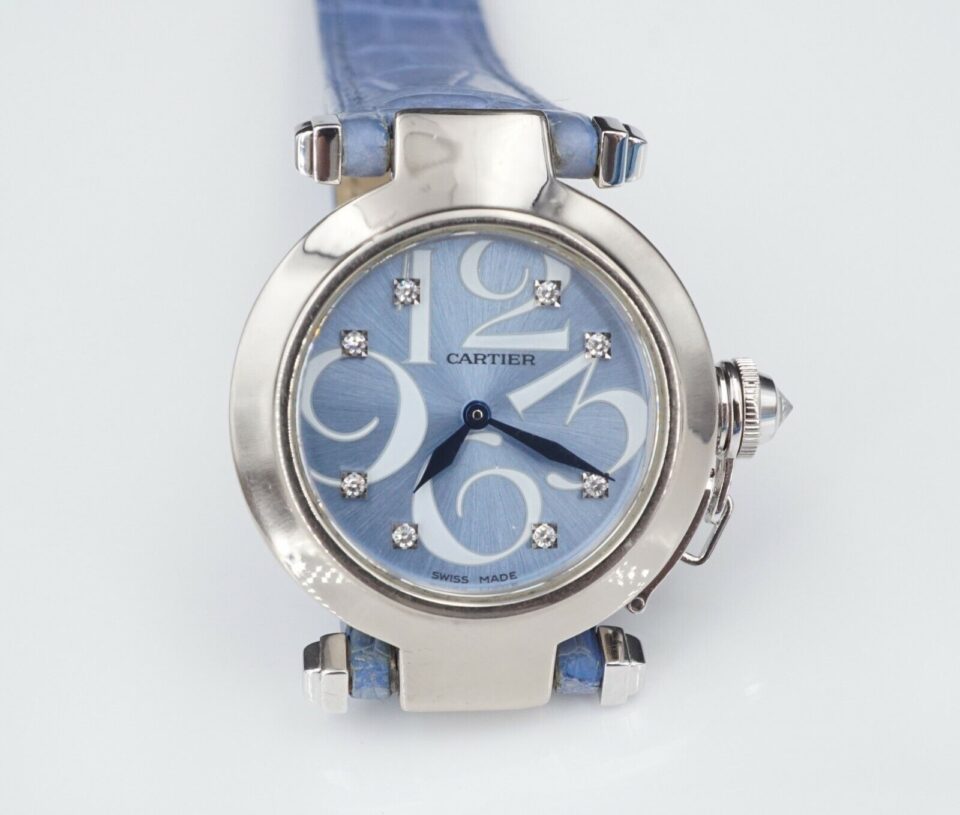 Pasha de Cartier Ladies Watch 18k Gold Ice Blue Diamond Dial 2813 33mm Rare, view 2
