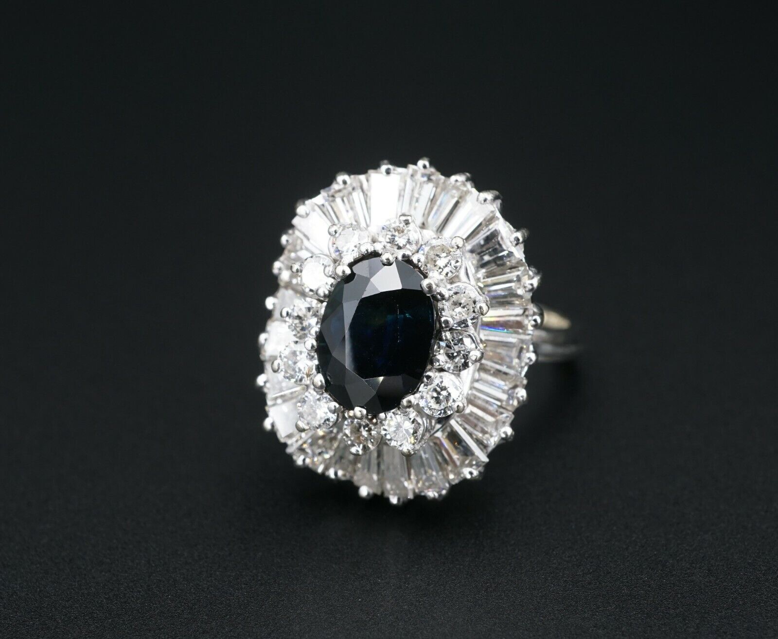 Vintage Sapphire Diamond Ballerina Ring 14k White Gold 7ct Halo Blue Sz 9, view 7