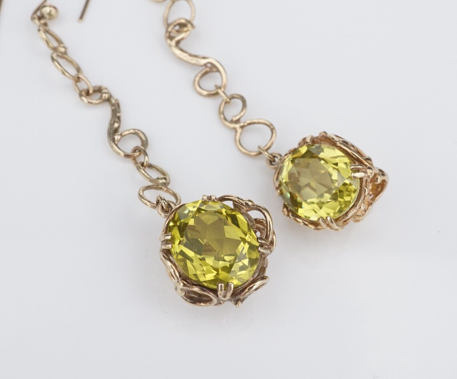 Prototype Jean Mahie 9k Yellow Gold Green Spinel Drop Hook Earrings 2.5", view 3