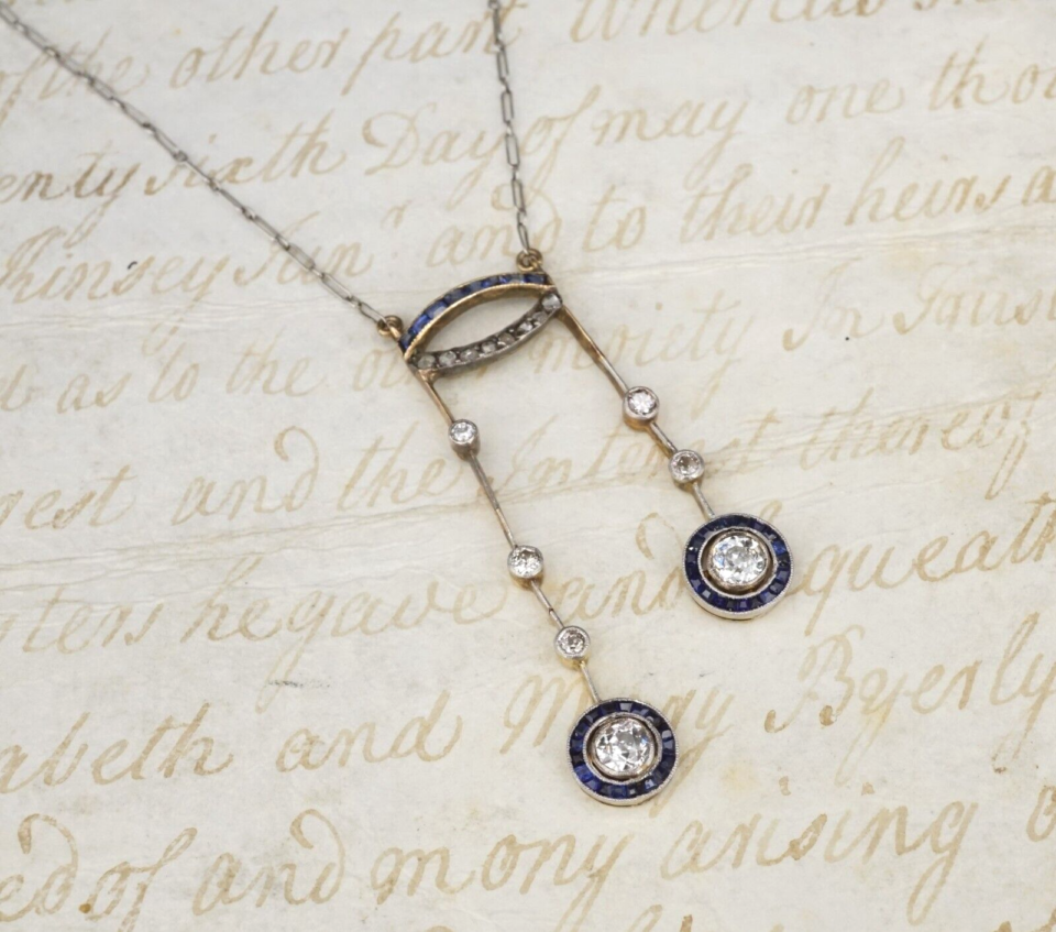 Antique Edwardian Diamond Sapphire Necklace Silver 18k Gold NG1525