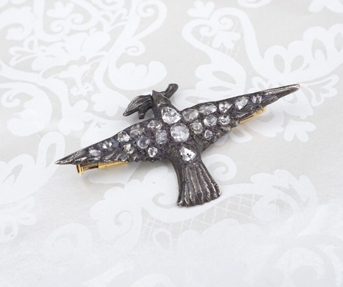 Antique Silver 18k Mid Victorian Pave Rose Cut Diamond Dove Bird Brooch, view 4