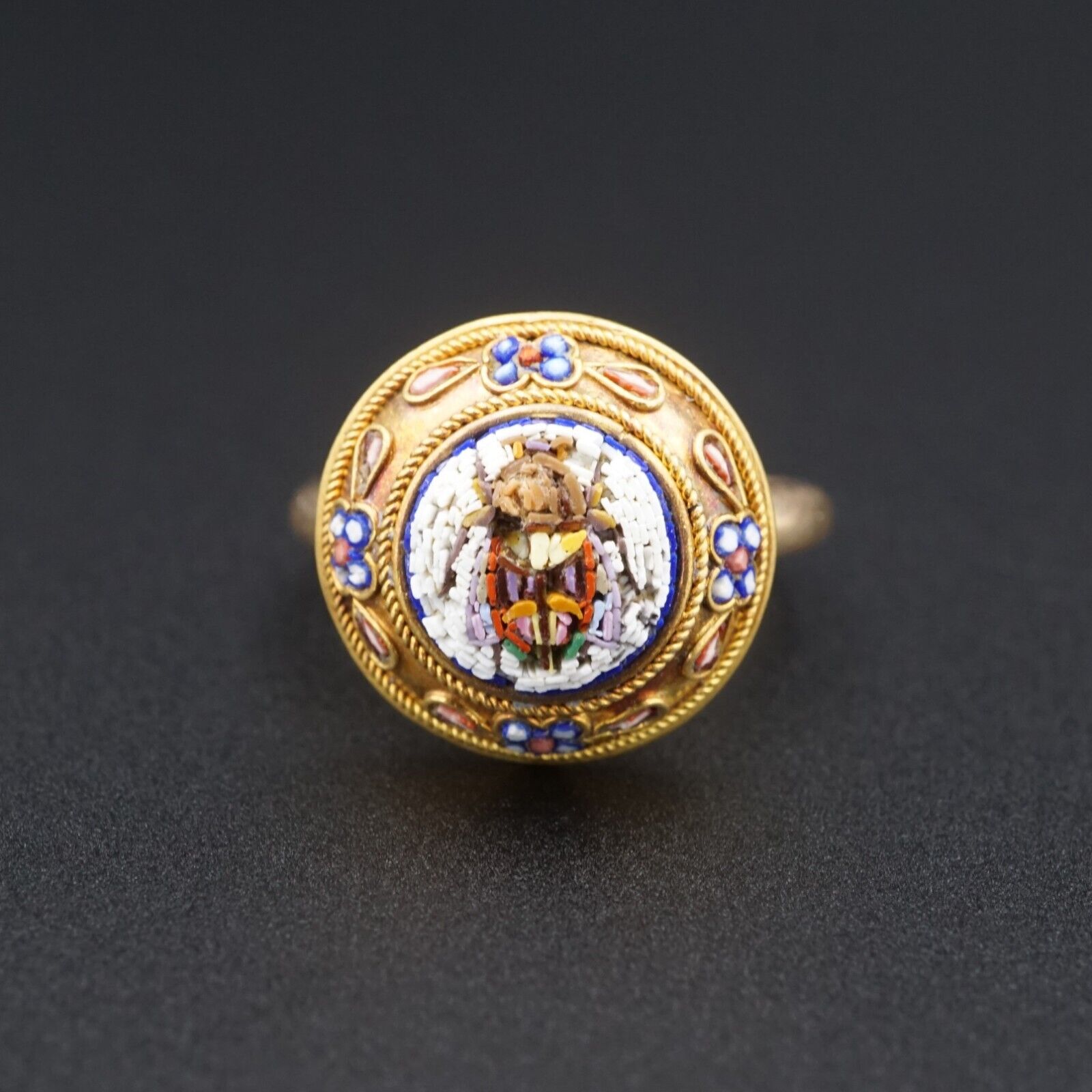 Antique Egyptian Revival Micro Mosaic Ring Scarab 14k 18k Gold Size 6.5, view 3