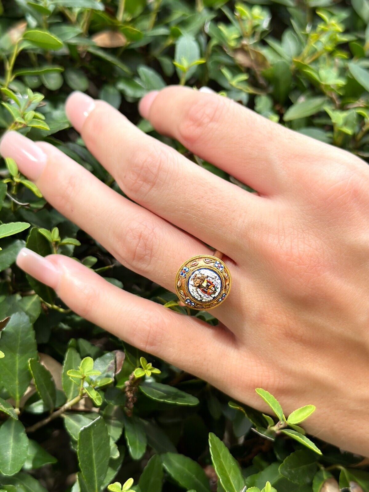 Antique Egyptian Revival Micro Mosaic Ring Scarab 14k 18k Gold Size 6.5, view 2