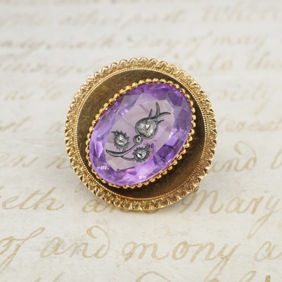 Antique 18k 14k Gold Diamond Amethyst Inlay Pendant Brooch 1" PG1695