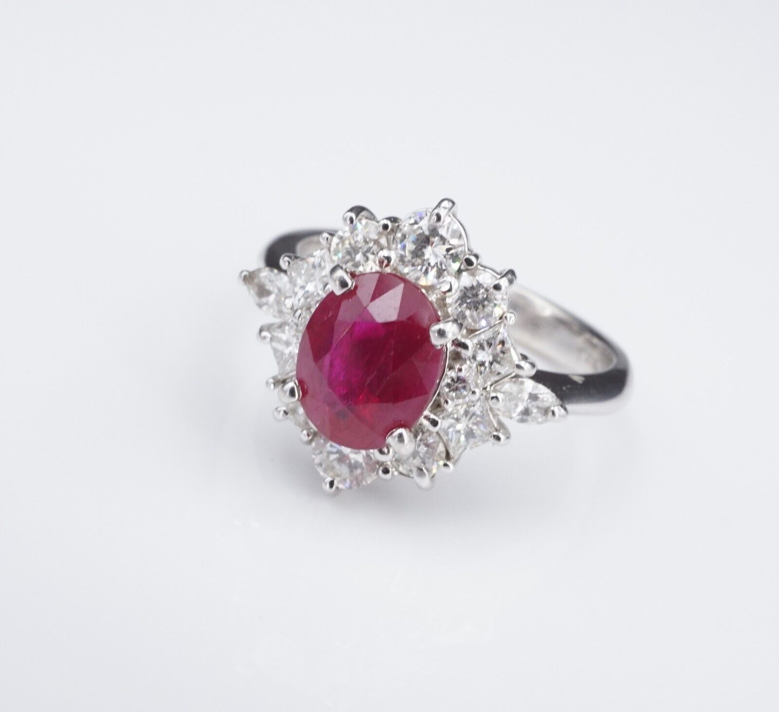 NWOT 14k White Gold 2.2 ctw Oval Ruby Diamond Halo Ring Size 5.5, view 1