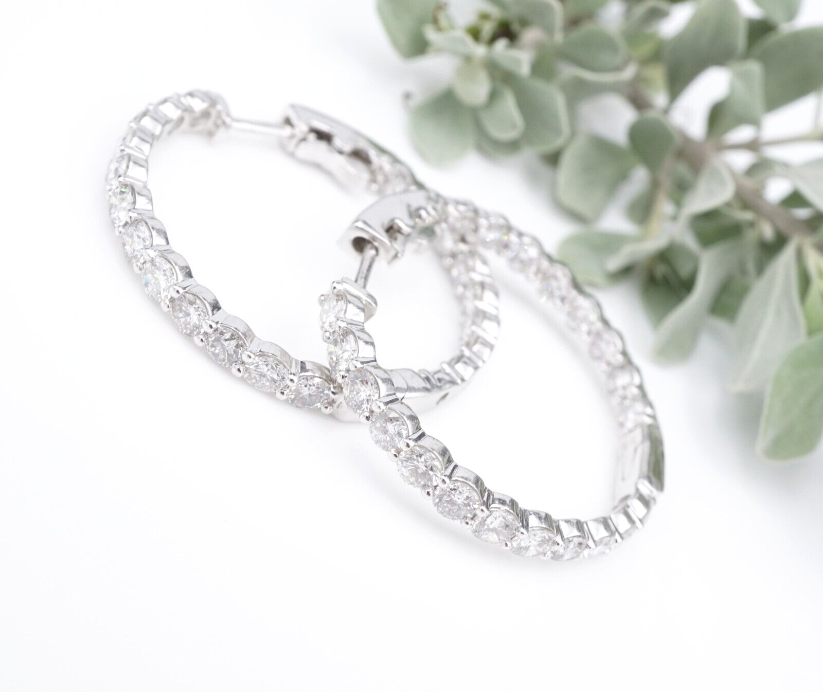 Diamond Inside Out Hoop Earrings 14k White Gold 6 carat Natural 1.3", view 5